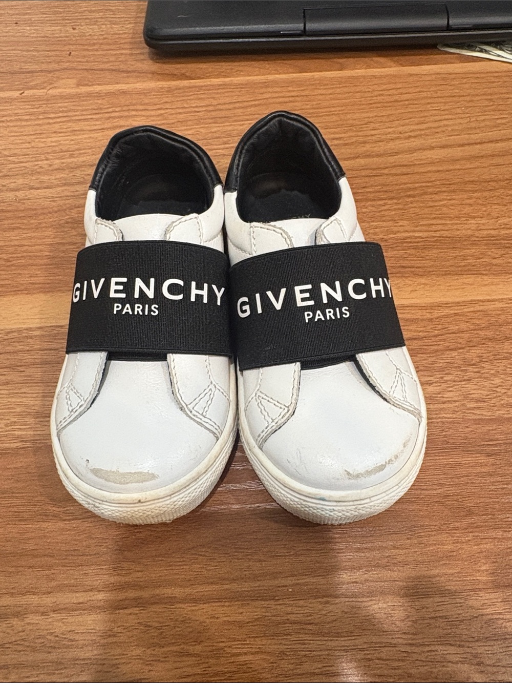 Givenchy Kids White Leather Slip-On Sneakers with Black Logo Band